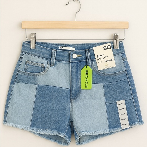 SO Pants - Junior’s SO patchwork high rise shortie shorts. Size 11 - 30” waist, 2.5" Inseam